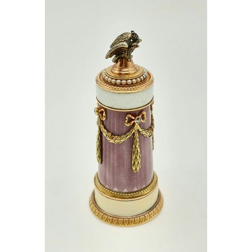 357 - Antique Russian 14K Yellow gold and enamel perfume bottle. Twin-crowned eagles and pearl decorated l... 