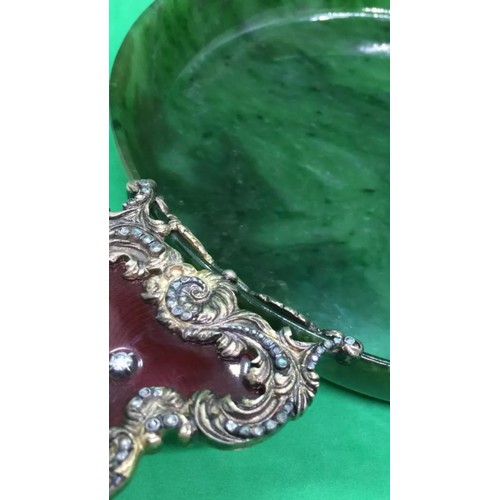 364 - Large rare Russian silver enamel diamond  nephrite jade twin handle low bowl plate 

Jade is in top ... 