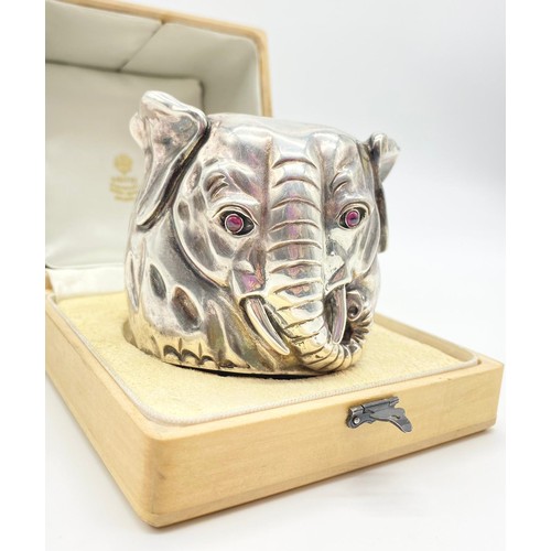 371 - Rare Russian antique silver elephant drinking cup. Gilt interior. Pink sapphire eyes. Diameter: 6cm.... 