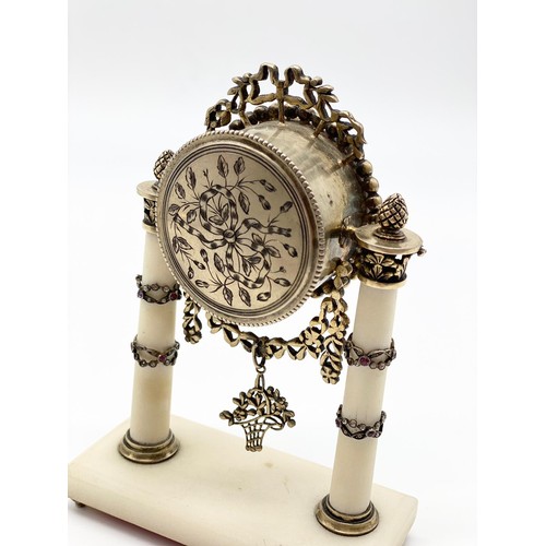 378 - Early 20th century (circa 1910) Antique French silver alabaster gem-set miniature table clock. As Fo... 