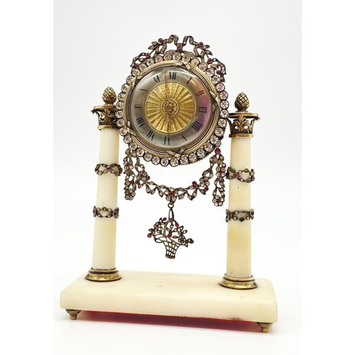 378 - Early 20th century (circa 1910) Antique French silver alabaster gem-set miniature table clock. As Fo... 