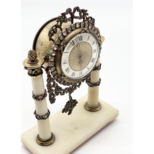 378 - Early 20th century (circa 1910) Antique French silver alabaster gem-set miniature table clock. As Fo... 