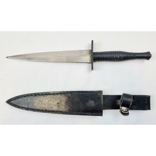 340 - Vintage Fairbairn Sykes Style Commando Knife Blackened Brass Handle in Leather Sheath 28cm length