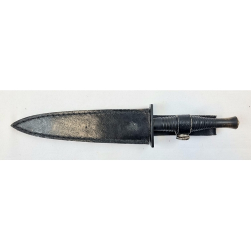 340 - Vintage Fairbairn Sykes Style Commando Knife Blackened Brass Handle in Leather Sheath 28cm length