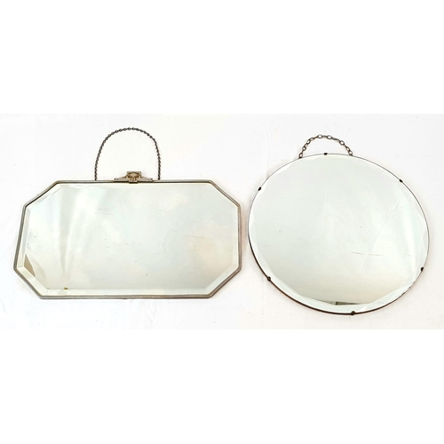 590 - Two Vintage Art Deco Wall Hanging Mirrors. Mounted on wood with hanging chains. 36 x 56cm. 46cm diam... 