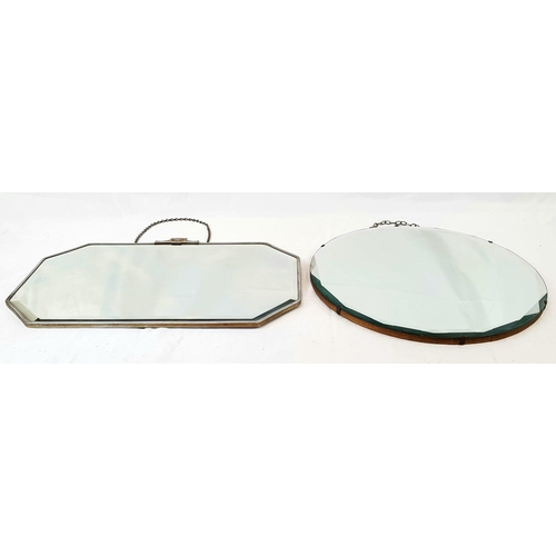 590 - Two Vintage Art Deco Wall Hanging Mirrors. Mounted on wood with hanging chains. 36 x 56cm. 46cm diam... 