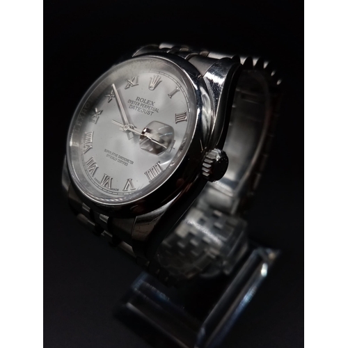 107 - A gents ROLEX Oyster Perpetual Datejust, stainless steel watch. 36 mm dial with white metal face, ha... 