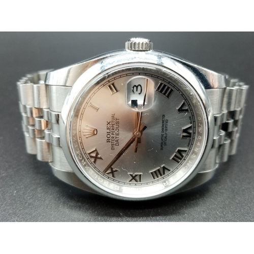 107 - A gents ROLEX Oyster Perpetual Datejust, stainless steel watch. 36 mm dial with white metal face, ha... 