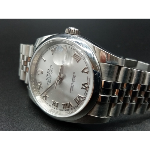 107 - A gents ROLEX Oyster Perpetual Datejust, stainless steel watch. 36 mm dial with white metal face, ha... 