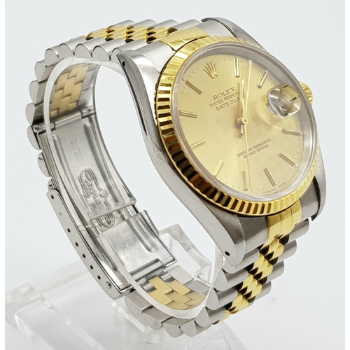 89 - A gents ROLEX Oyster Perpetual Datejust, stainless steel and 18 K yellow gold watch, 1995 model. 36 ... 