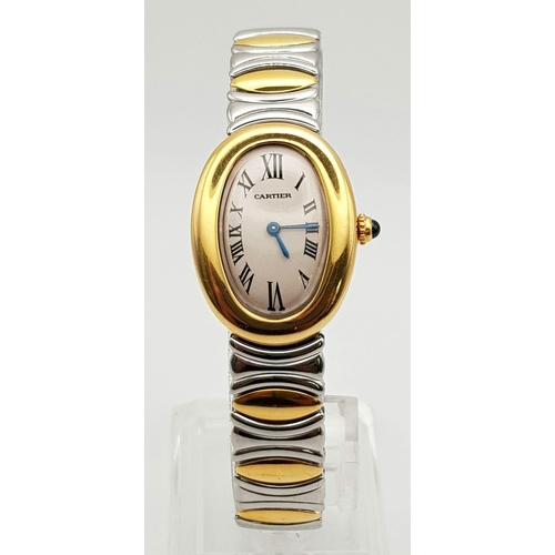 38 - A rare, Cartier, curved, 18 K  yellow gold watch, with stainless steel bracelet. 22 x 30 mm dial, bl... 