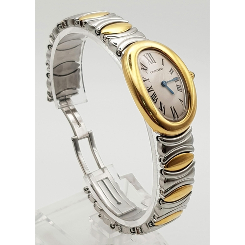 38 - A rare, Cartier, curved, 18 K  yellow gold watch, with stainless steel bracelet. 22 x 30 mm dial, bl... 