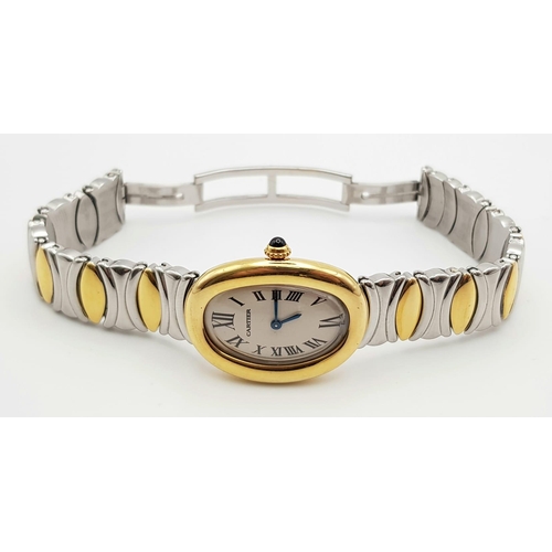 38 - A rare, Cartier, curved, 18 K  yellow gold watch, with stainless steel bracelet. 22 x 30 mm dial, bl... 