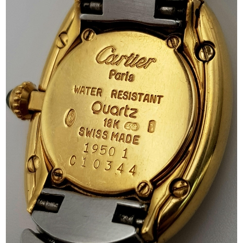 38 - A rare, Cartier, curved, 18 K  yellow gold watch, with stainless steel bracelet. 22 x 30 mm dial, bl... 