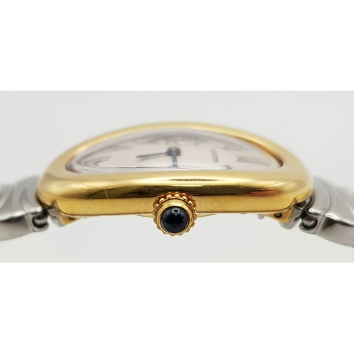 38 - A rare, Cartier, curved, 18 K  yellow gold watch, with stainless steel bracelet. 22 x 30 mm dial, bl... 