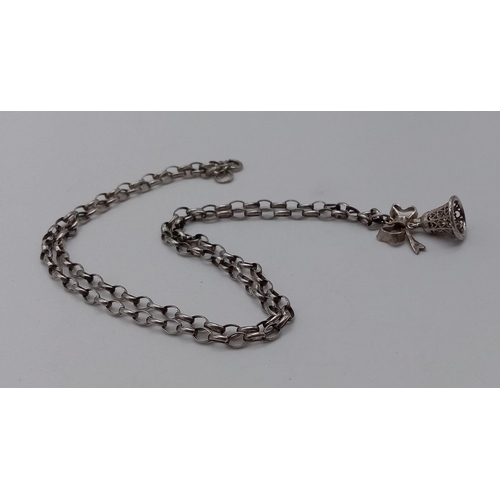 515 - Vintage Silver Fully Hallmarked London 1986 Bow Bell Pendant Necklace 62cm chain, 2.5cm Pendant drop... 