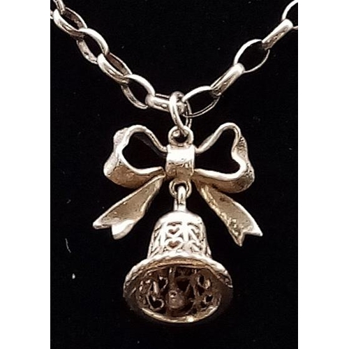 515 - Vintage Silver Fully Hallmarked London 1986 Bow Bell Pendant Necklace 62cm chain, 2.5cm Pendant drop... 