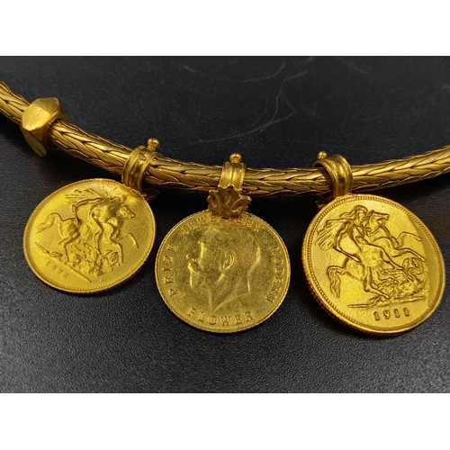 37 - A glorious 18 K yellow gold necklace, with four sovereign pendants and two double sovereign pendants... 