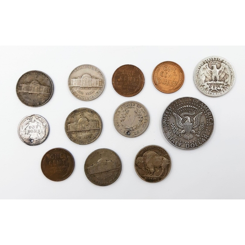 549 - A collection of 12 historic USA Coins: WW2, Silver and other Examples Including: 1964 Silver Half Do... 