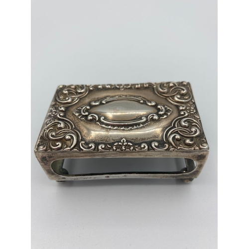 600 - Antique SILVER matchbox holder having repousse scrollwork detail with clear hallmark for Birmingham ... 