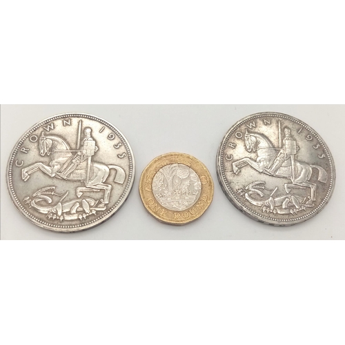 386 - Two 1935 George V Rocking Horse Silver Crown Coins. 
56.55g total weight. Very fine condition but pl... 