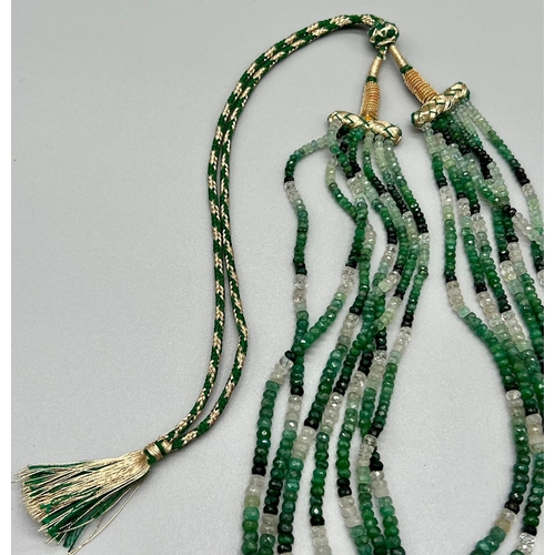 296 - 7 Row Shades of 470cts Emerald Gemstone Necklace with Traditional Indian Textile Thread