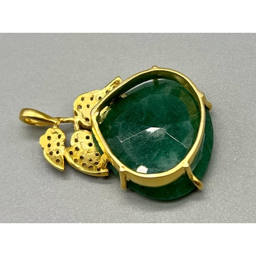 304 - A very large 25cts Emerald Gemstone Pendant set in 925 gilded Silver with Rose Cut Diamonds in Vinta... 