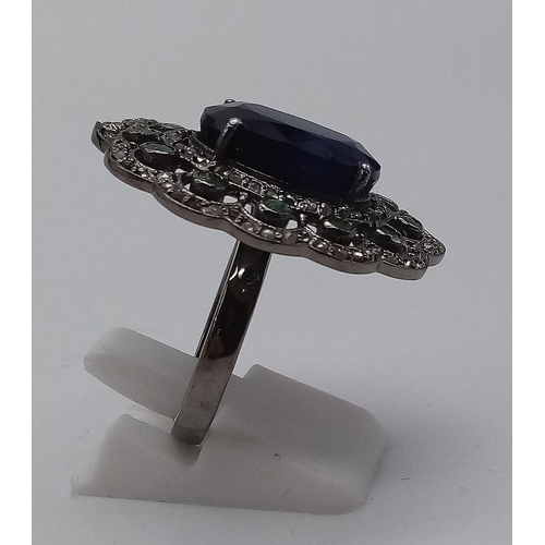 310 - 10Cts Blue Sapphire set Vintage Ring in 925 Silver with 1.25cts Diamonds and Emeralds decorating, si... 