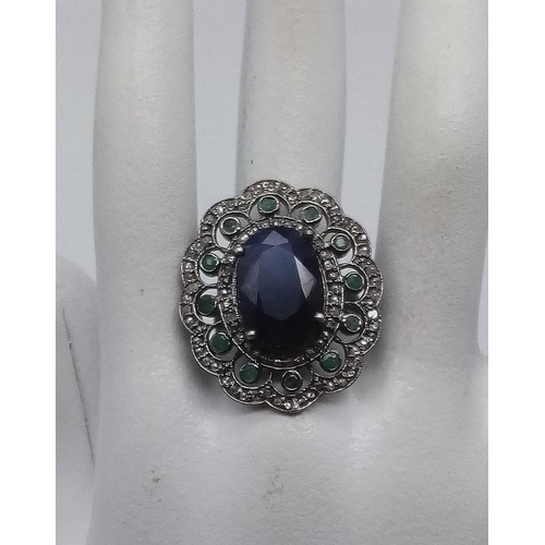 310 - 10Cts Blue Sapphire set Vintage Ring in 925 Silver with 1.25cts Diamonds and Emeralds decorating, si... 