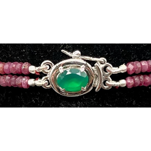 418 - 195cts of two row Ruby Gemstone set Necklace with Emerald Clasp in 925 Silver