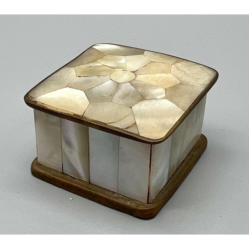 577 - Three Vintage or Antique Decorative Metal and Mother of Pearl Trinket Boxes. Largest box - 4.5cm. A/... 