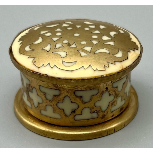 577 - Three Vintage or Antique Decorative Metal and Mother of Pearl Trinket Boxes. Largest box - 4.5cm. A/... 