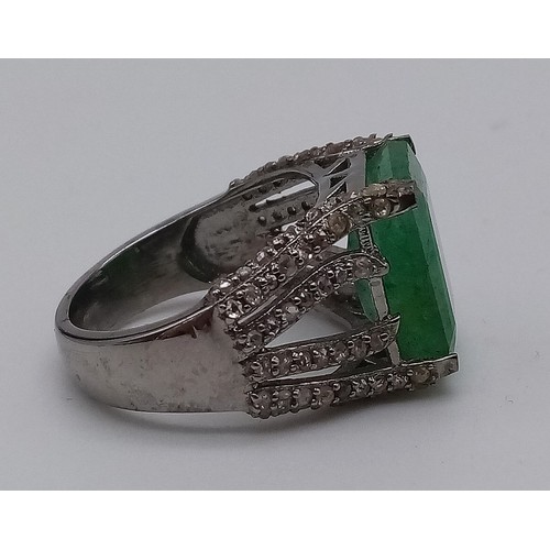 413 - 7.90cts Emerald Ring with 1.15cts Rose Cut Diamond Accents in 925 Silver, SIZE M