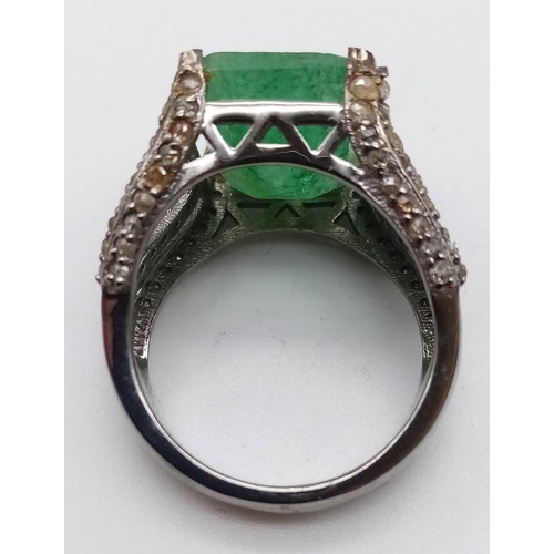 413 - 7.90cts Emerald Ring with 1.15cts Rose Cut Diamond Accents in 925 Silver, SIZE M