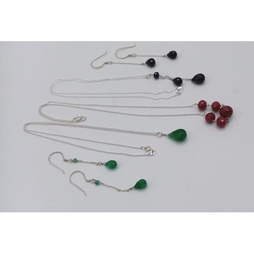 325 - A Collection of 3 Necklace and earring set with Rubies, Emerald and Sapphire