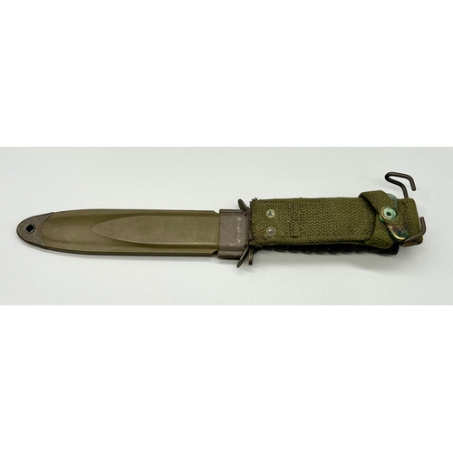 292 - WWII US M3 Fighting Knife with US M8A1 Scabbard by T.W.B. Manufactured at the top of the pommel is c... 