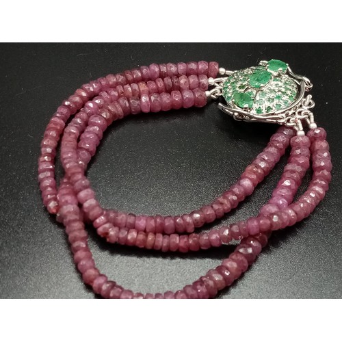 412 - 158cts of 3 Row Ruby Gemstone set Bracelet with Emerald Clasp in 925 Silver