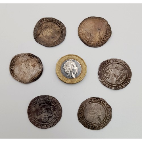 981 - A Selection of Six Ancient Silver Hammered Six Pence Coins. Please see photos for conditions. A/F. 1... 