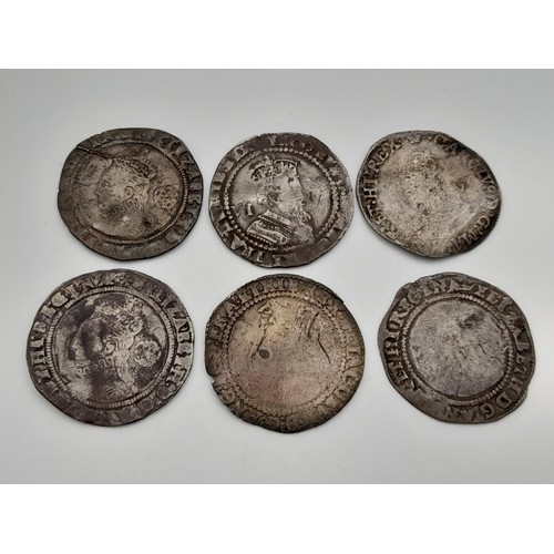 981 - A Selection of Six Ancient Silver Hammered Six Pence Coins. Please see photos for conditions. A/F. 1... 