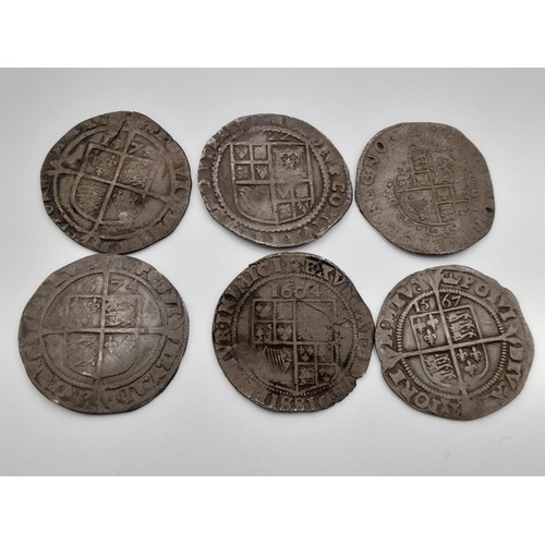 981 - A Selection of Six Ancient Silver Hammered Six Pence Coins. Please see photos for conditions. A/F. 1... 