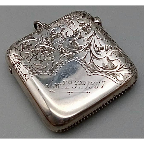 30 - An Antique Engraved Silver Vesta Case. Hallmarks for Chester 1905. Makers mark of J and R Griffin. 4... 