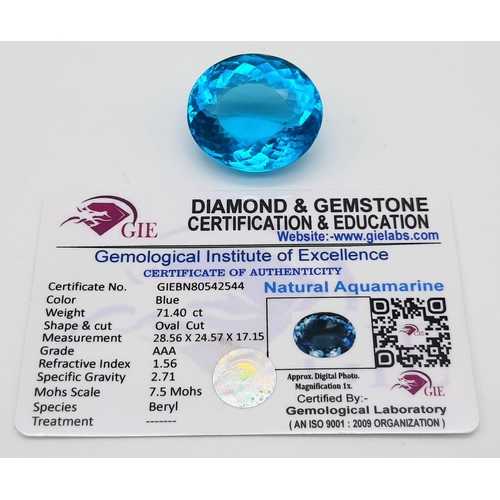 120 - A large (71.4 carats), oval cut, AAA, flawless, aquamarine, with a beautiful light blue colour. With... 