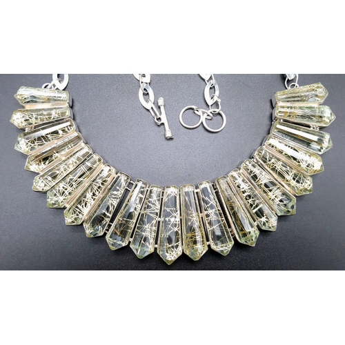 218 - A white metal (untested), amazing, Rutilated Quartz, necklace and earrings set. Necklace length: 58 ... 