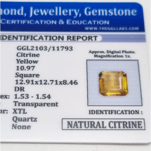 197 - A good pair of square cut citrines (10.97 & 11.32 carats). Both flawless, with strong colouration an... 