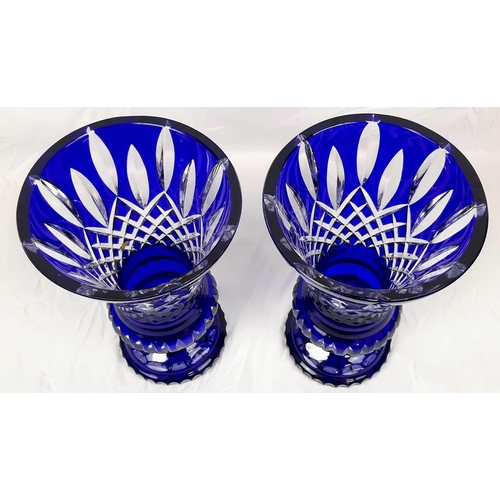 799 - A Pair of Bleikristall Cobalt Blue Lead Crystal Large Vases. 32cm tall. In good condition but A/F.