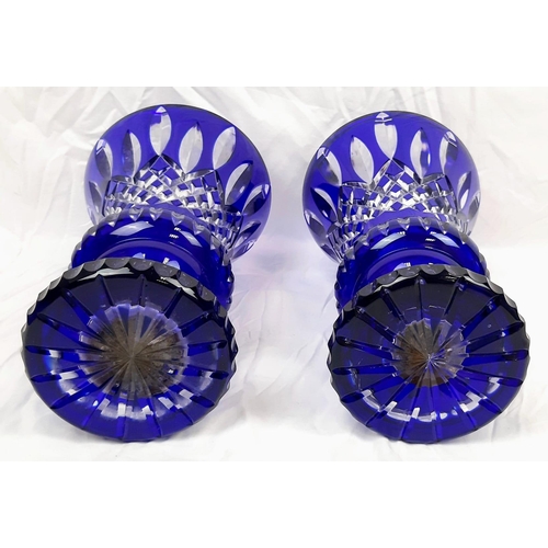 799 - A Pair of Bleikristall Cobalt Blue Lead Crystal Large Vases. 32cm tall. In good condition but A/F.