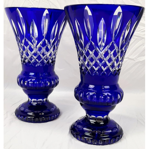 799 - A Pair of Bleikristall Cobalt Blue Lead Crystal Large Vases. 32cm tall. In good condition but A/F.