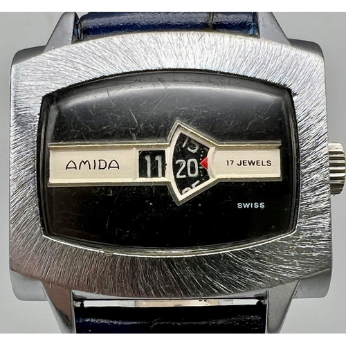 1 - A Rare Vintage Amida Jump Mechanical Watch. Leather strap and stainless steel case - 30 x 35mm. Blac... 