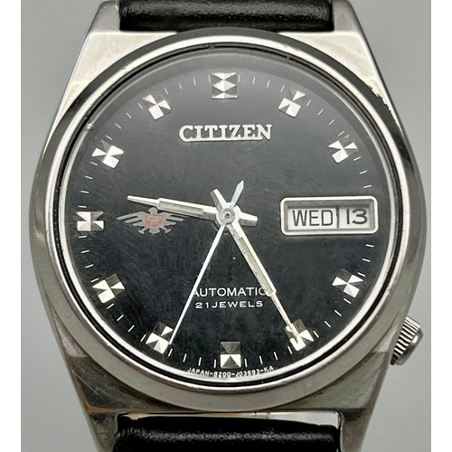 249 - A Vintage Citizen Eagle 7 Automatic Watch. Leather strap. Stainless steel case - 32mm. Black dial wi... 