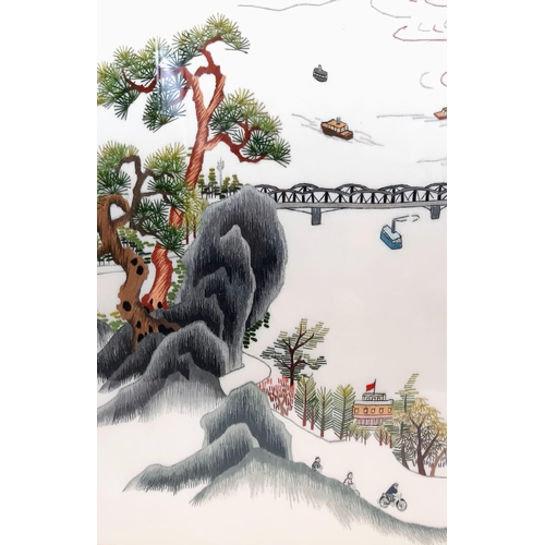 48 - A Vintage Japanese Silk Embroidered Picture of a Water's Edge Tree-Lined Road. Signed by the artist.... 